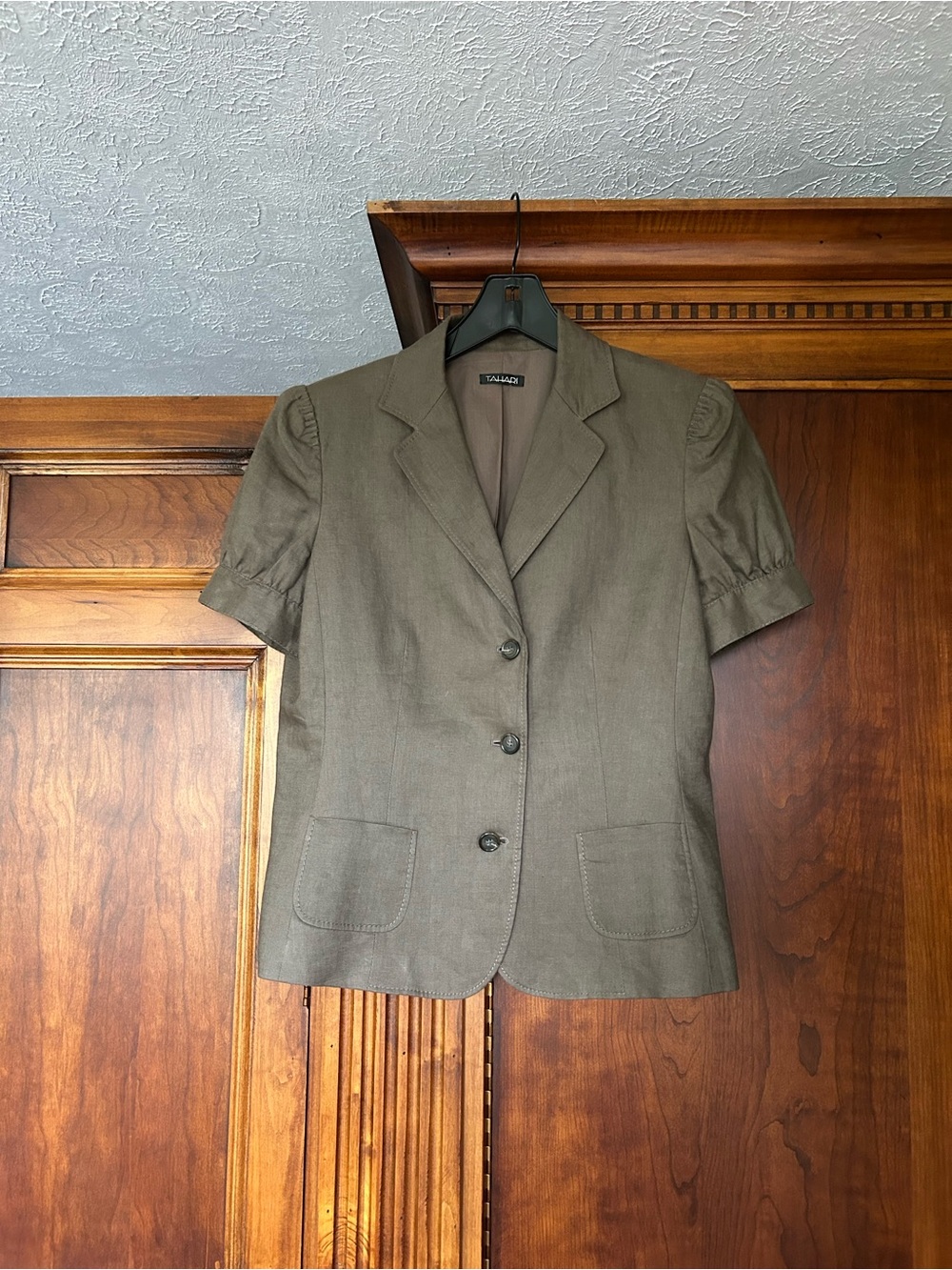 Tahari Olive/Brown Java(Neutral)Short-Sleeve Notch-Lapel Stitching Design Blazer - Picture 9 of 16